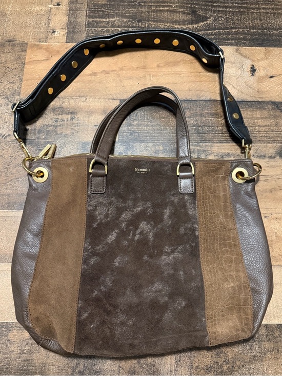 Hammitt Handbags - Hammitt Brown Mixed Material Shoulder Bag with Signature Studded Guitar Strap